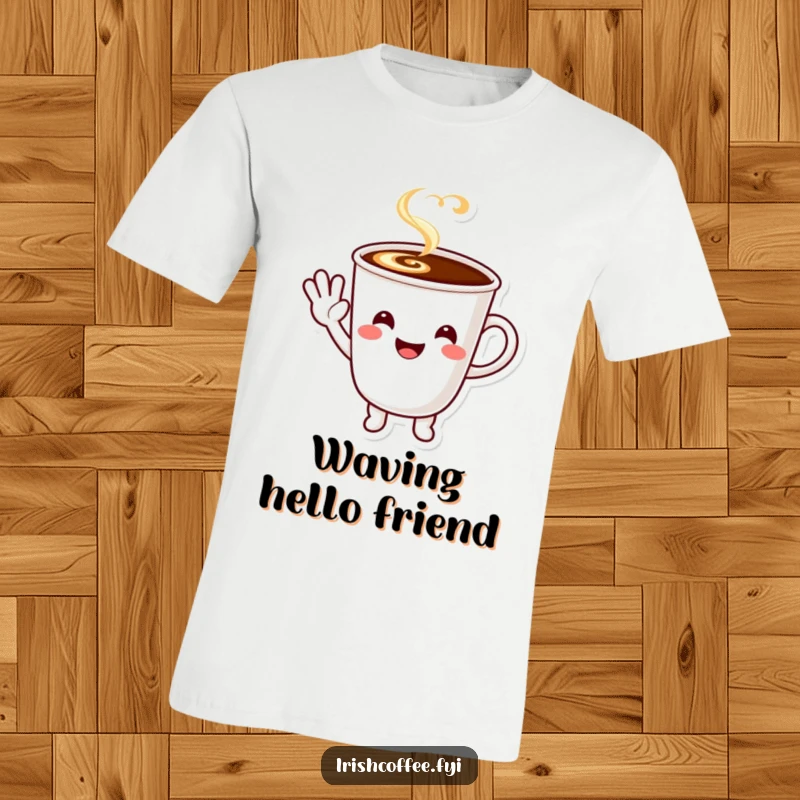 Funny smiling coffee cup character performing a happy little wave, printed on a comfortable t-shirt.