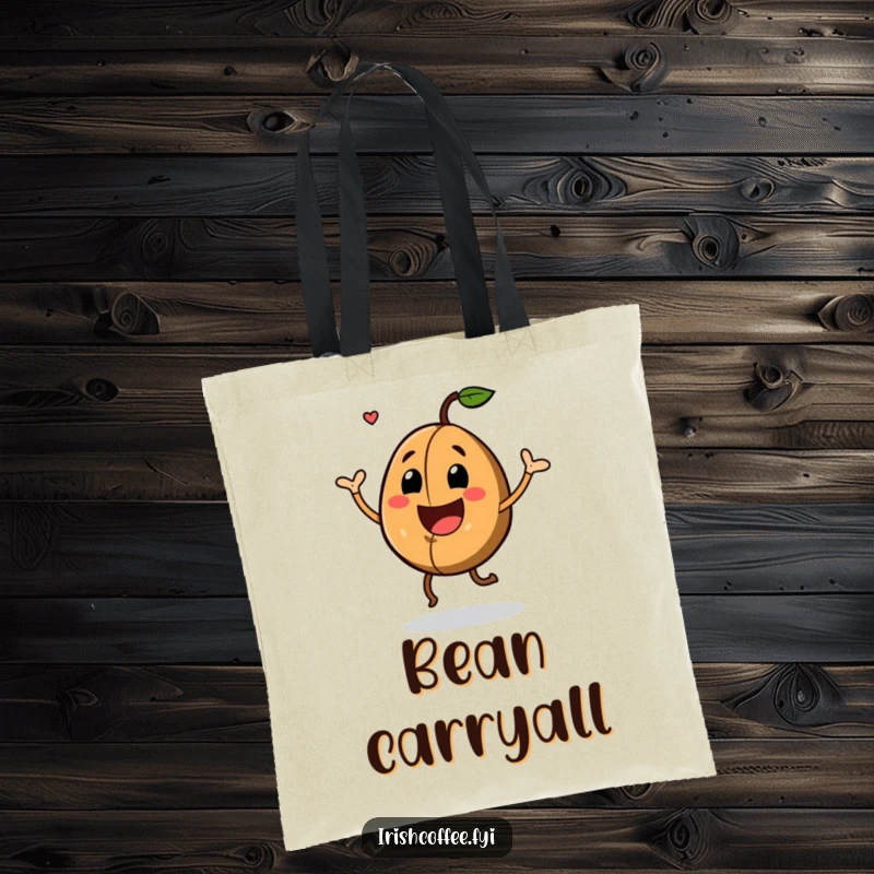 Funny Tote Bag with a joyful coffee bean doing a happy jig, perfect for carrying your essentials with spirited energy.