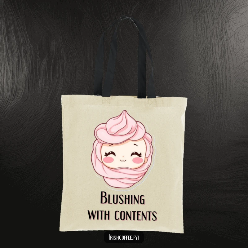 Funny tote bag showcasing a shy whipped cream swirl character blushing sweetly, perfect for carrying essentials with humor.