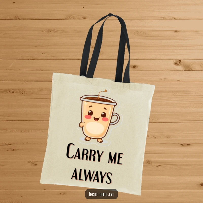 Funny happy coffee cup character offering a warm, inviting smile, durable tote bag for shopping.
