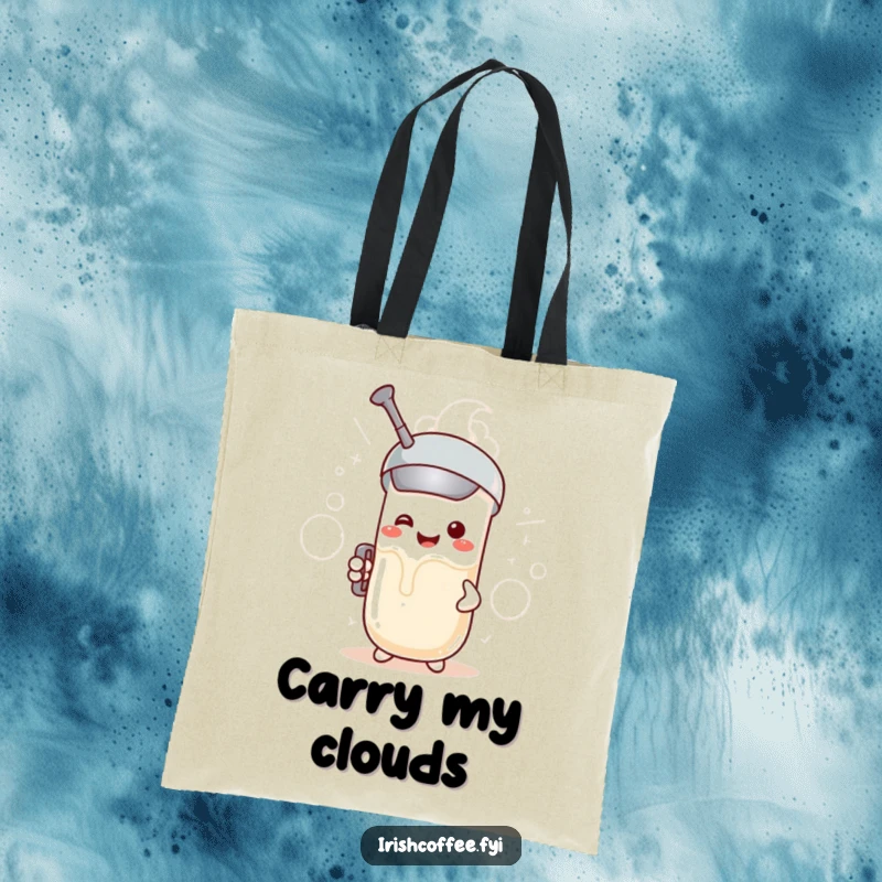 Funny tote bag featuring a smiling milk frother character creating bubbly clouds, a humorous and practical accessory.