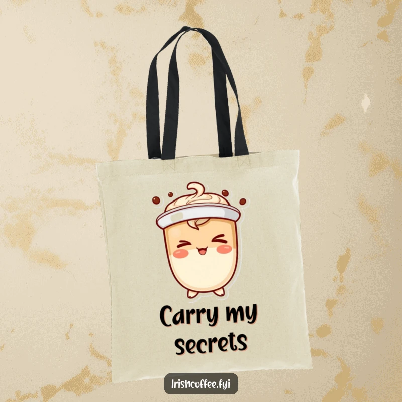 Funny coffee character tote bag winking mischievously, a humorous and practical accessory for those with a playful secret.