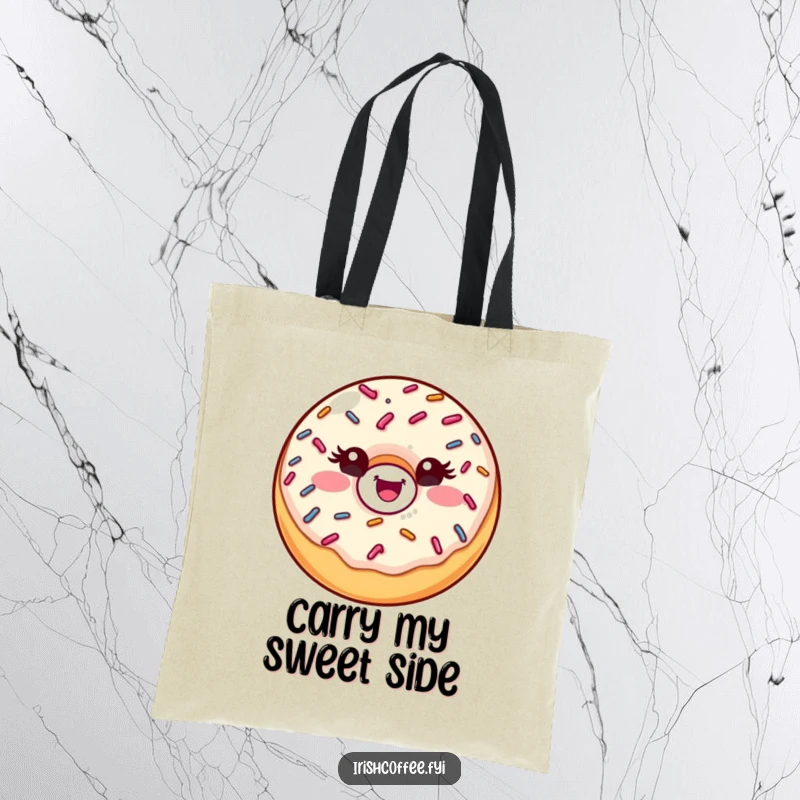 Funny donut tote bag showcasing a winking sprinkle donut design, a practical and humorous accessory.