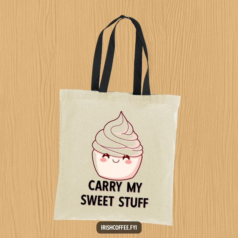 Funny tote bag featuring a delighted whipped cream swirl winking, ideal for shopping and carrying daily items humorously.