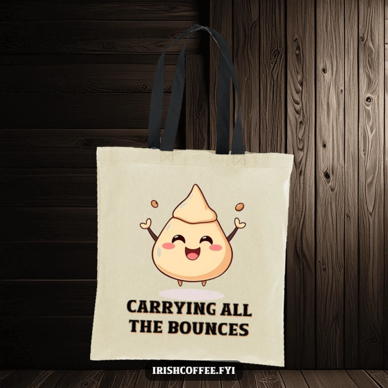 Funny tote bag with a happy coffee liquor dollop bouncing with a joyful expression, great for errands.