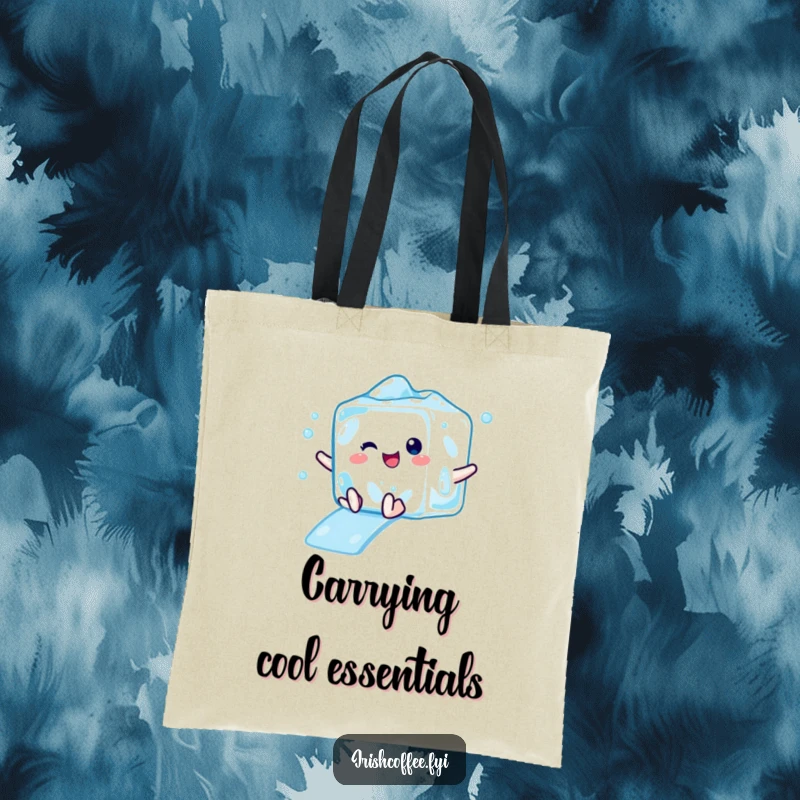 Funny tote bag showcasing a delighted ice cube character mid-slide, offering a refreshing and humorous design.