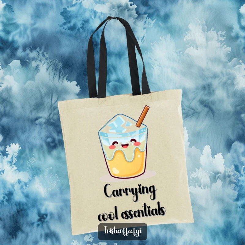 Funny tote bag featuring a content melting ice cube in a warm drink, perfect for carrying essentials with a relaxed attitude.