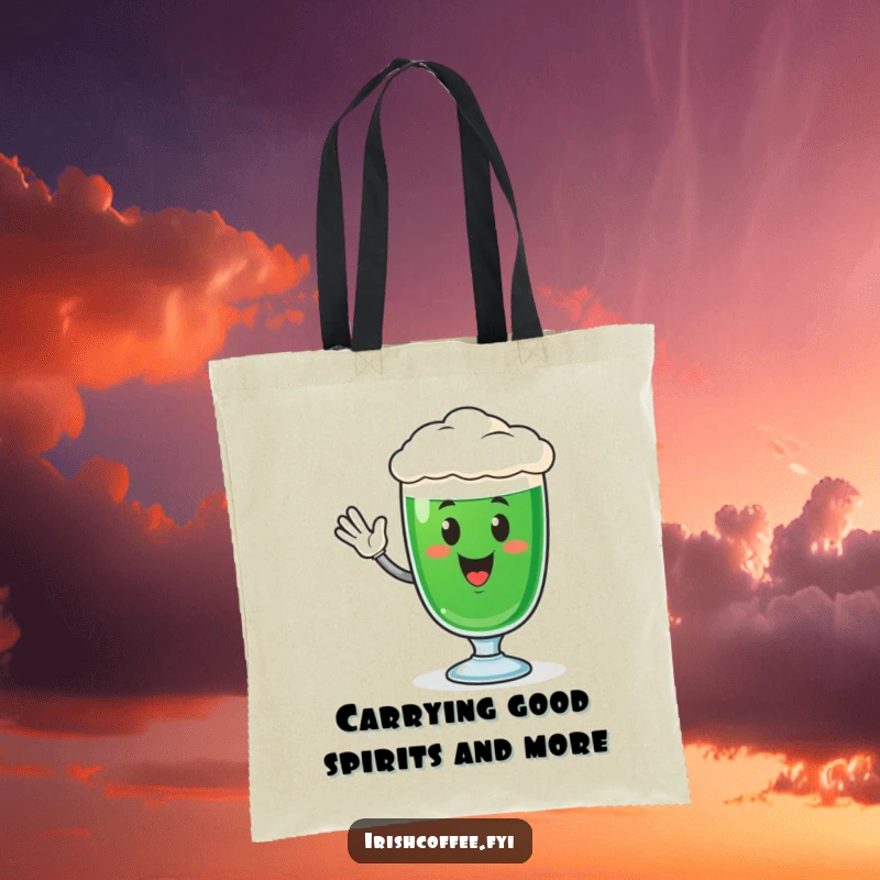 Funny tote bag adorned with a delightful Irish coffee glass character in a happy waving pose, great for shopping and everyday use.
