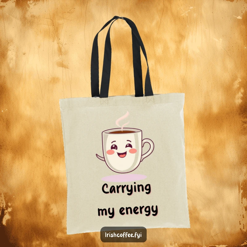 Funny tote bag with a steamy grinning espresso cup spinning playfully, a stylish and humorous accessory for coffee lovers.