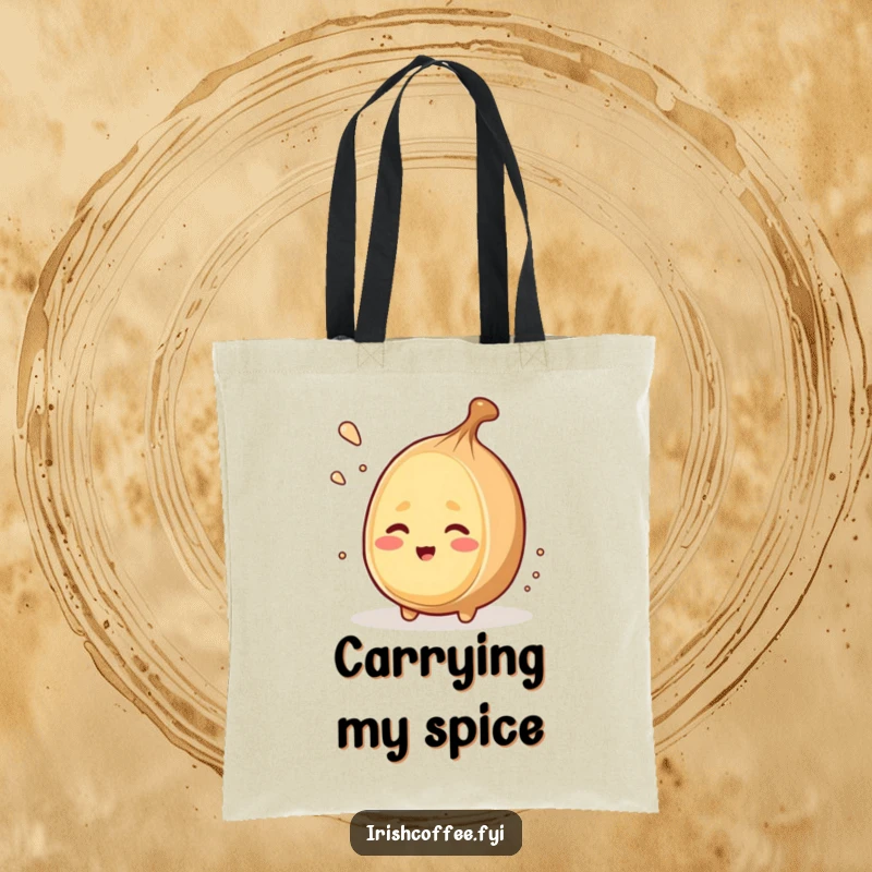 Funny tote bag showcasing a winking nutmeg character grating itself, perfect for carrying essentials with spicy humor.