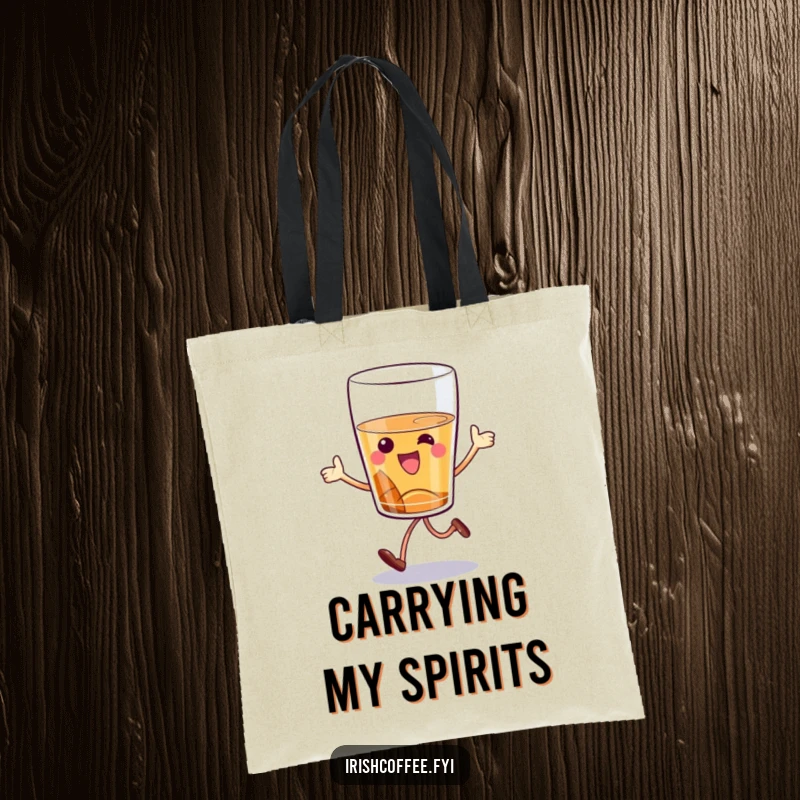 Funny whiskey glass tote bag with a cartoon character hopping joyfully, a humorous and practical accessory for carrying goods.