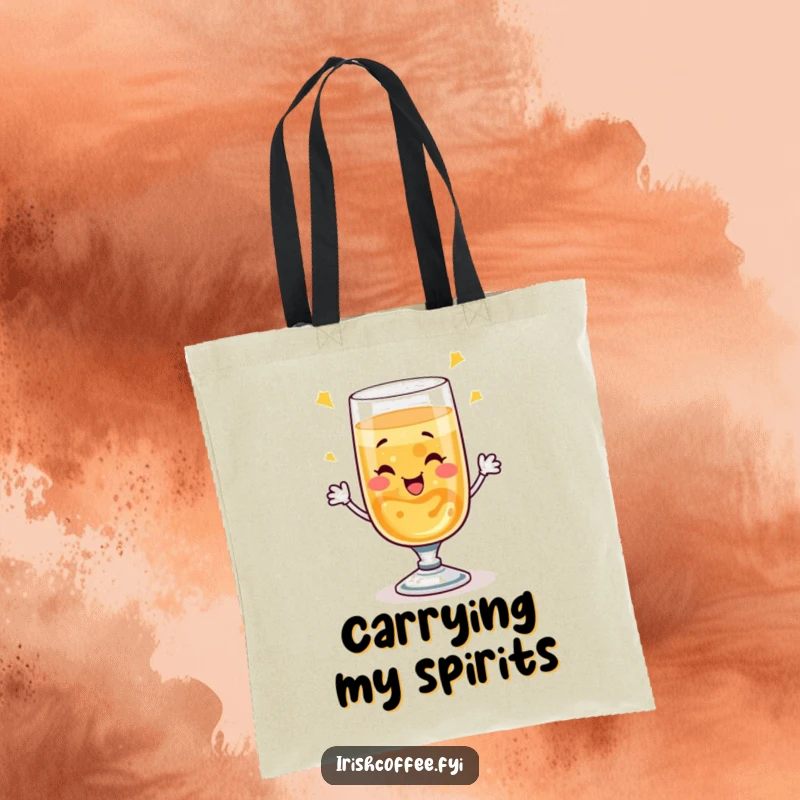 Funny tote bag with a cheerful, winking whiskey glass performing a bubbly toast, ideal for carrying items with a humorous touch.