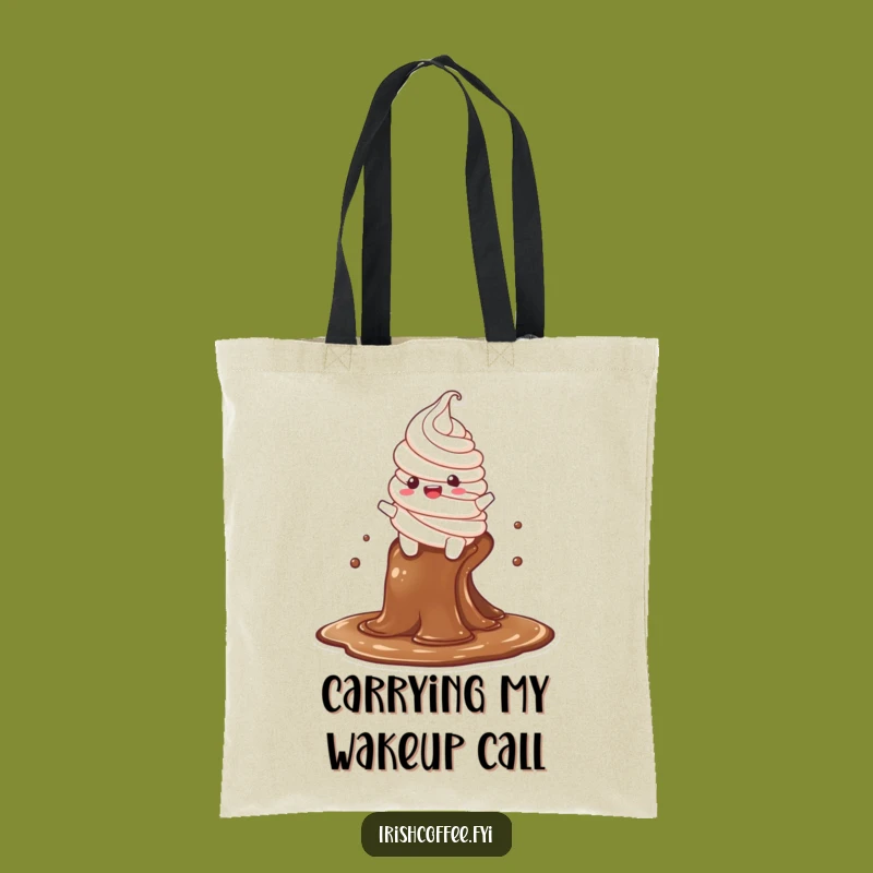 Funny Whipped Cream Tote Bag: Delighted Character Slides Down Coffee Stream, Great Funny Gift!