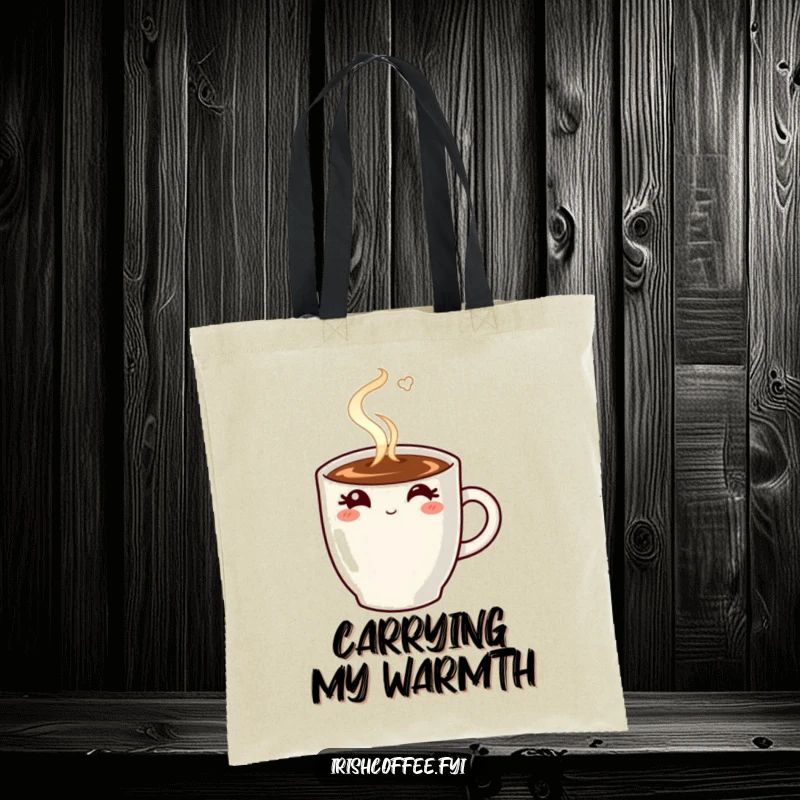 Funny tote bag featuring a steaming coffee mug winking, ideal for carrying coffee and smiles.