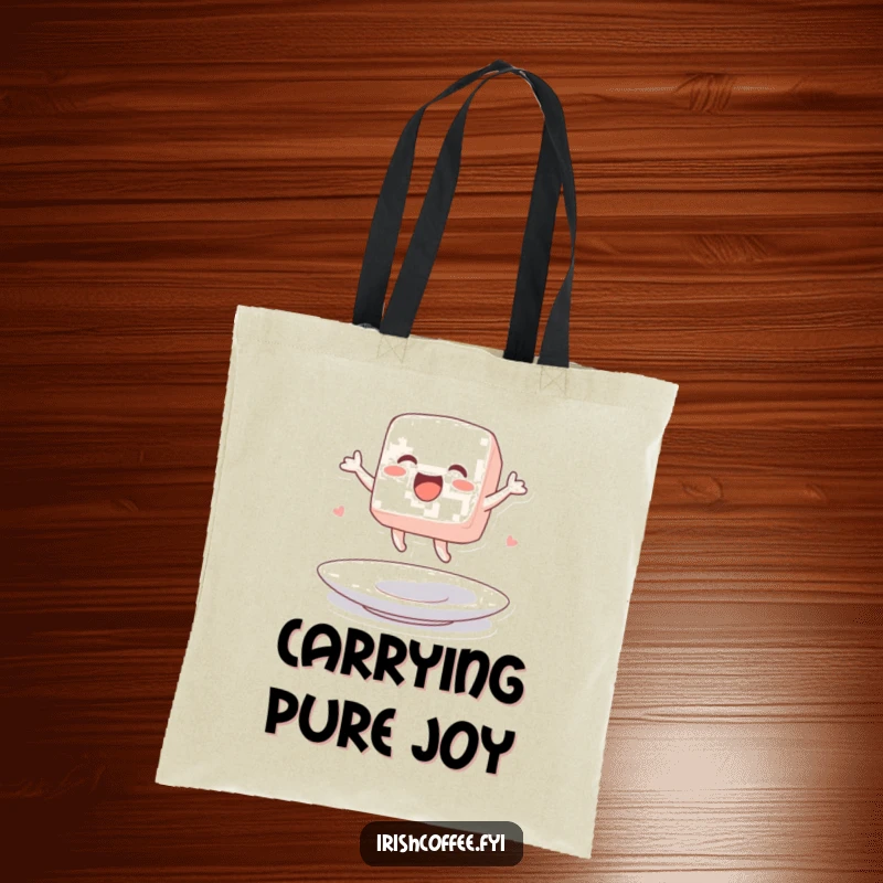 Funny tote bag featuring a sugar cube character excitedly jumping on a saucer, a sweet and humorous accessory.