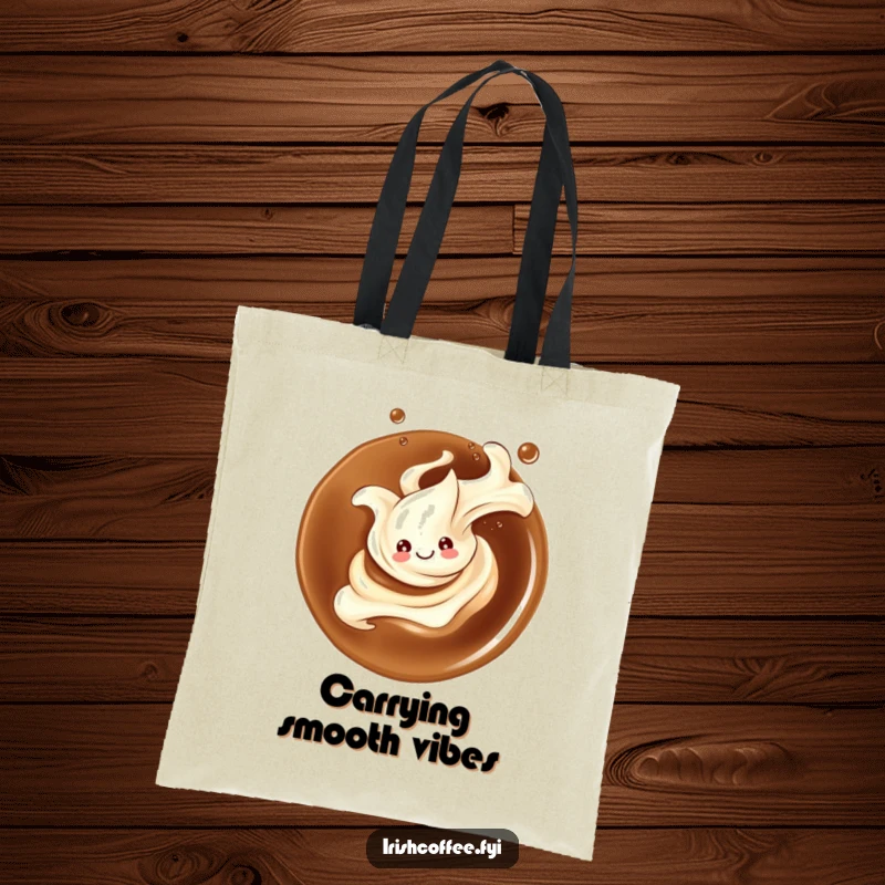 Funny tote bag decorated with a smiling cream splash elegantly twirling in coffee, perfect for stylishly carrying daily items.