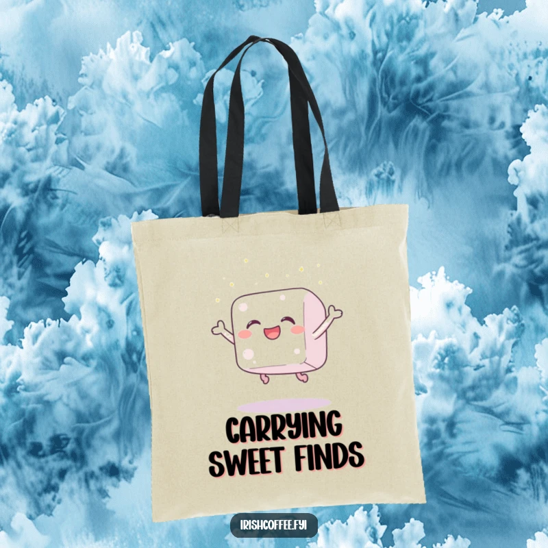Funny tote bag illustrated with a gleeful sugar cube leaping joyfully, scattering tiny sparkles, perfect for carrying essentials with sweet humor.
