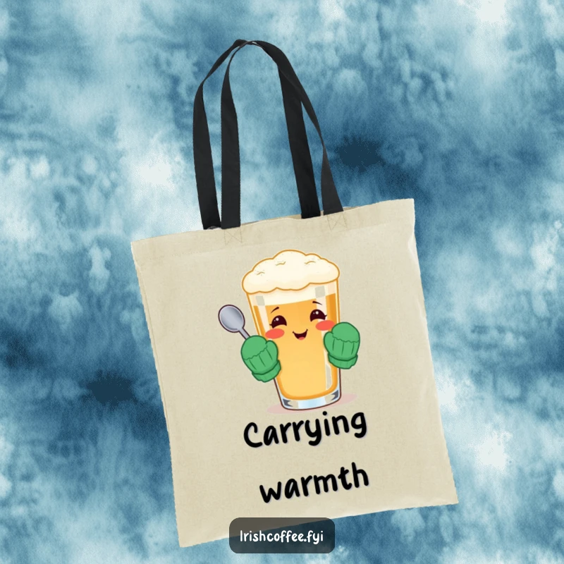 Funny tote bag showcasing a cheerful Irish coffee glass wearing tiny mittens and holding a spoon, great for errands.