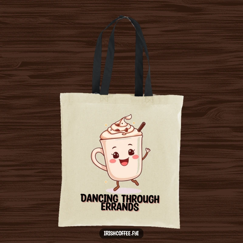 Funny tote bag with a happy hot chocolate mug doing a cheerful dance, perfect for carrying essentials.