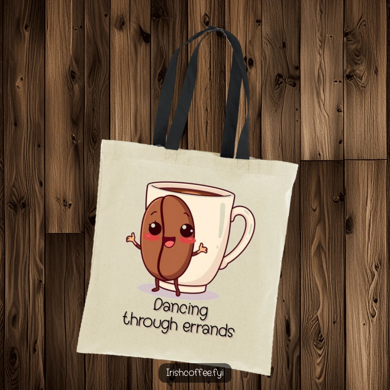 Funny tote bag featuring a happy coffee bean character dancing with enthusiasm, perfect for carrying daily items with flair.