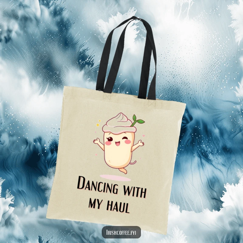 Funny cream liqueur tote bag showing a cheerful spirit character dancing with delight, perfect for carrying items with a party vibe.