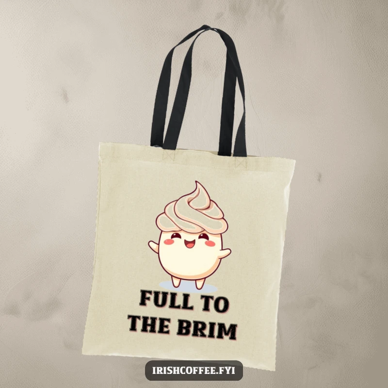 Funny tote bag with a cheerful frothy topping doing a joyful wiggle, a vibrant and happy design.
