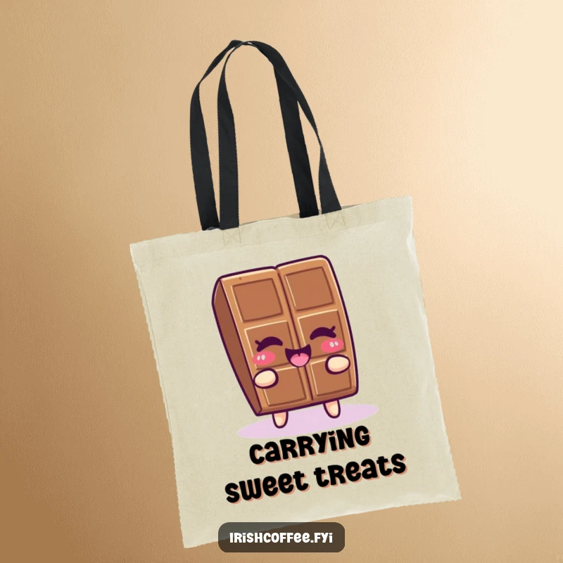 Funny chocolate character winking and wiggling happily on a tote bag, a sweet and humorous accessory.