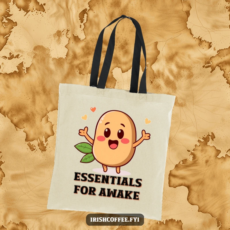 Funny tote bag featuring a vibrant coffee bean character popping up with excitement, great for stylish and humorous carrying.