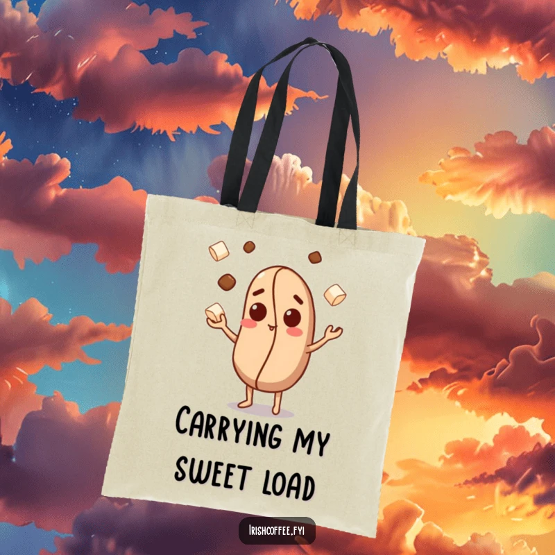 Funny tote bag with a curious coffee bean character juggling sugar cubes, great for carrying essentials with a sweet, humorous vibe.