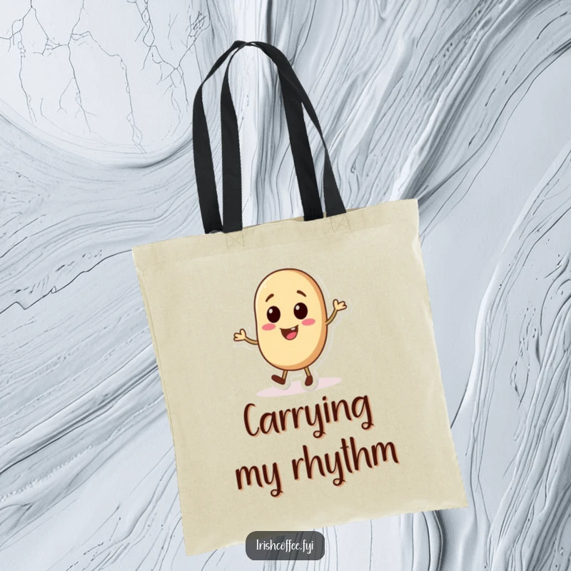 Funny tote bag showcasing a cheerful coffee bean character in a dynamic tap dance, perfect for shopping and everyday use.