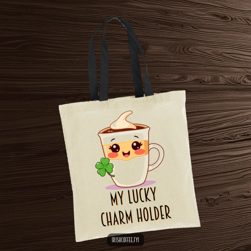 Funny tote bag showcasing a cute coffee cup character wearing a miniature shamrock, great for shopping and everyday use.