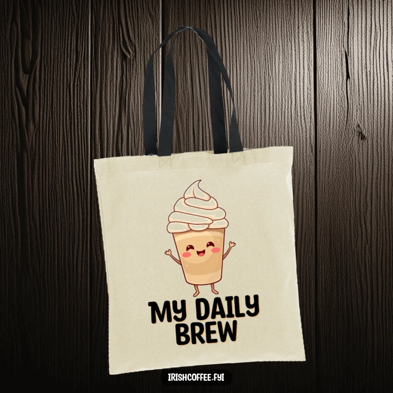 Funny Tote Bag showcasing a happy coffee cup with a whipped cream hat dancing joyfully, perfect for carrying your daily essentials with flair.