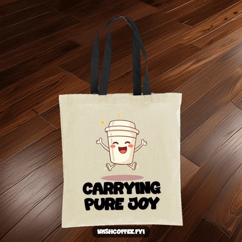 Funny tote bag with a beaming coffee cup character performing a joyful jump, perfect for carrying essentials with energy.