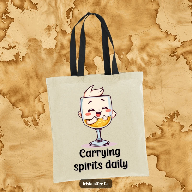 Funny Tote Bag: A happy whiskey glass clinking, symbolizing celebration and good times. Perfect for shopping or carrying your favorite beverages.