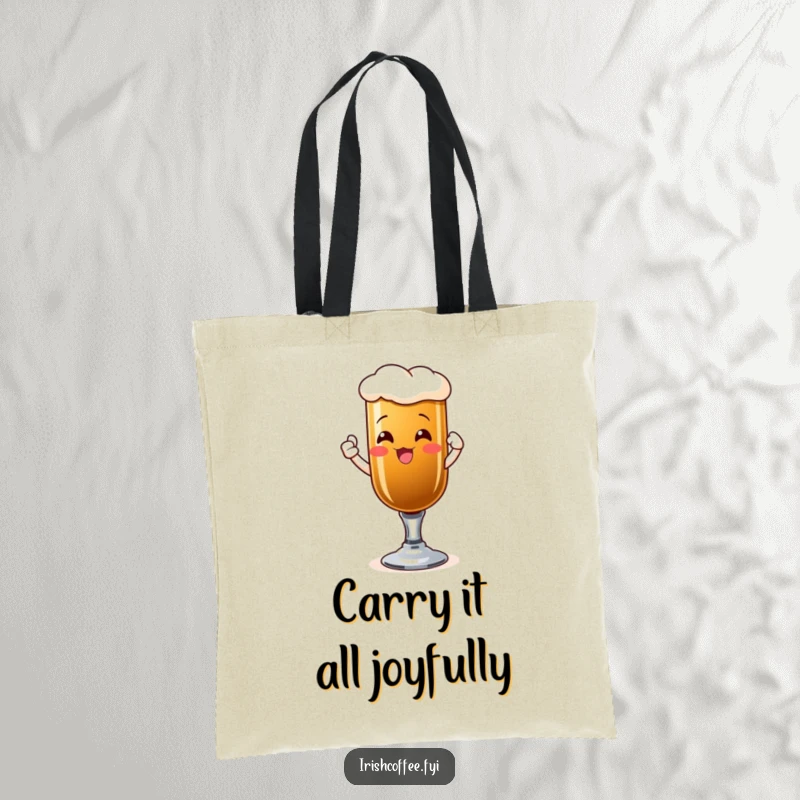Funny tote bag depicting a happy Irish coffee glass raising a toast, ready for any celebration.