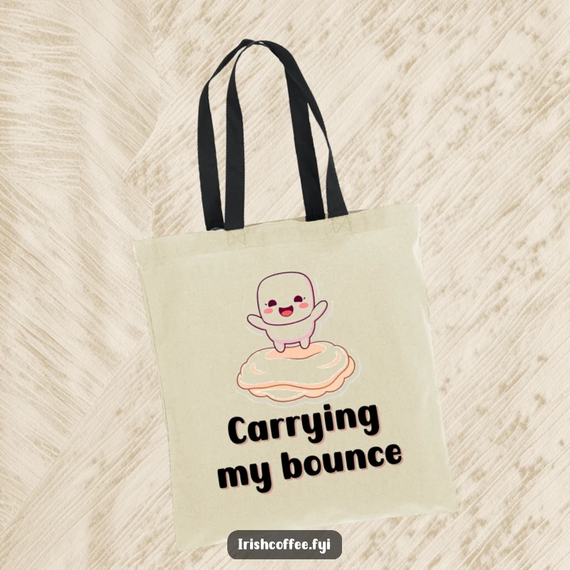 Funny tote bag with a marshmallow character happily bouncing on creamy topping, perfect for carrying essentials with sweet humor.