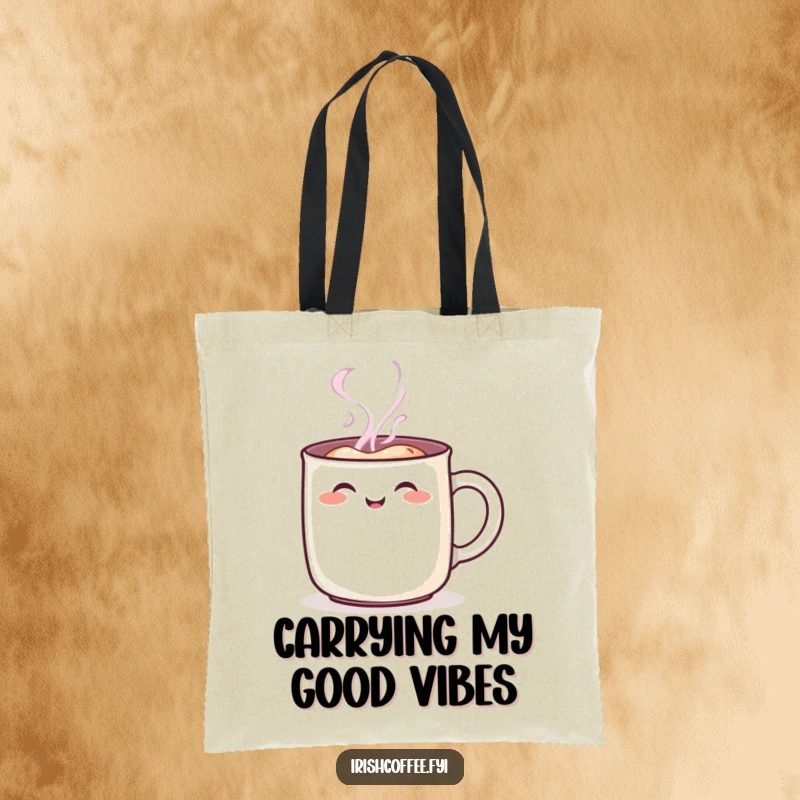 Funny steaming mug character tote bag, displaying a cheerful rosy blush, perfect for carrying daily items with a humorous, happy touch.