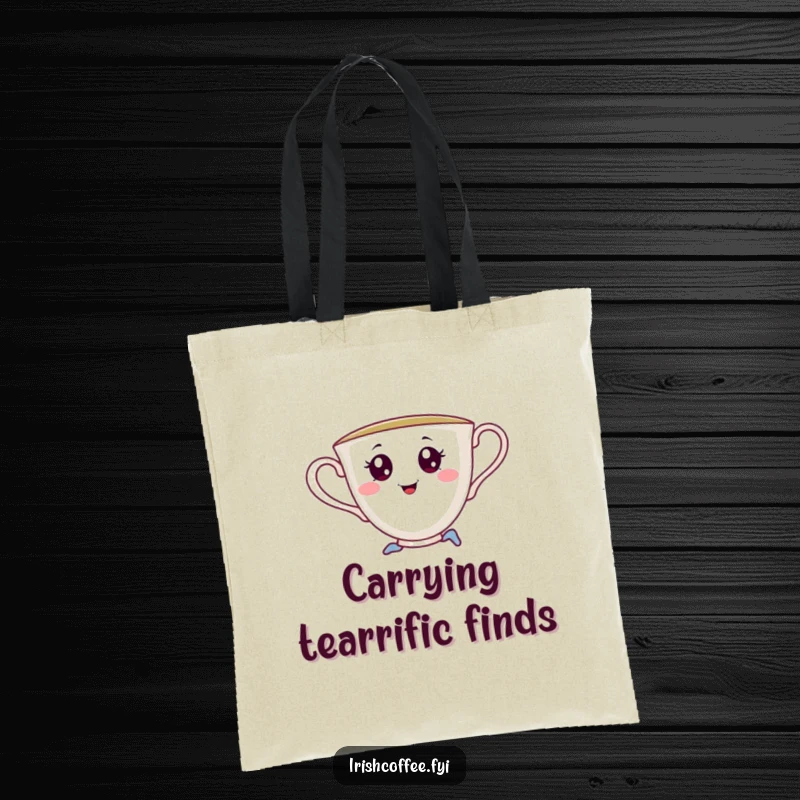 Funny tote bag illustrated with a cheerful teacup flaunting saucy eyes, executing a delightful playful pirouette, perfect for errands and humor.
