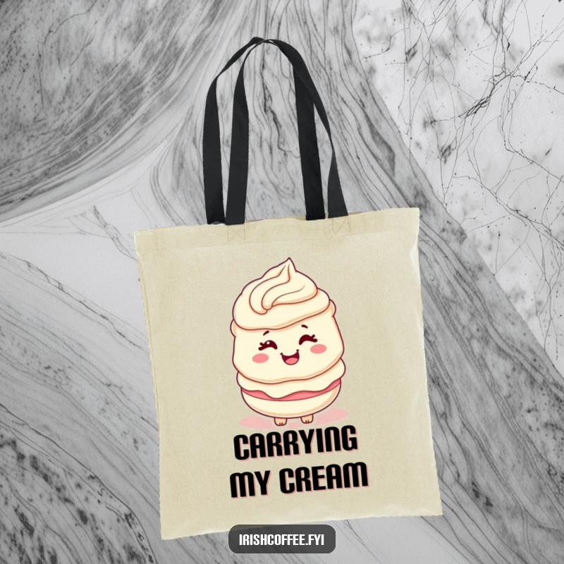 Funny tote bag featuring a cream layer character winking playfully with a happy swirl, a charming accessory.