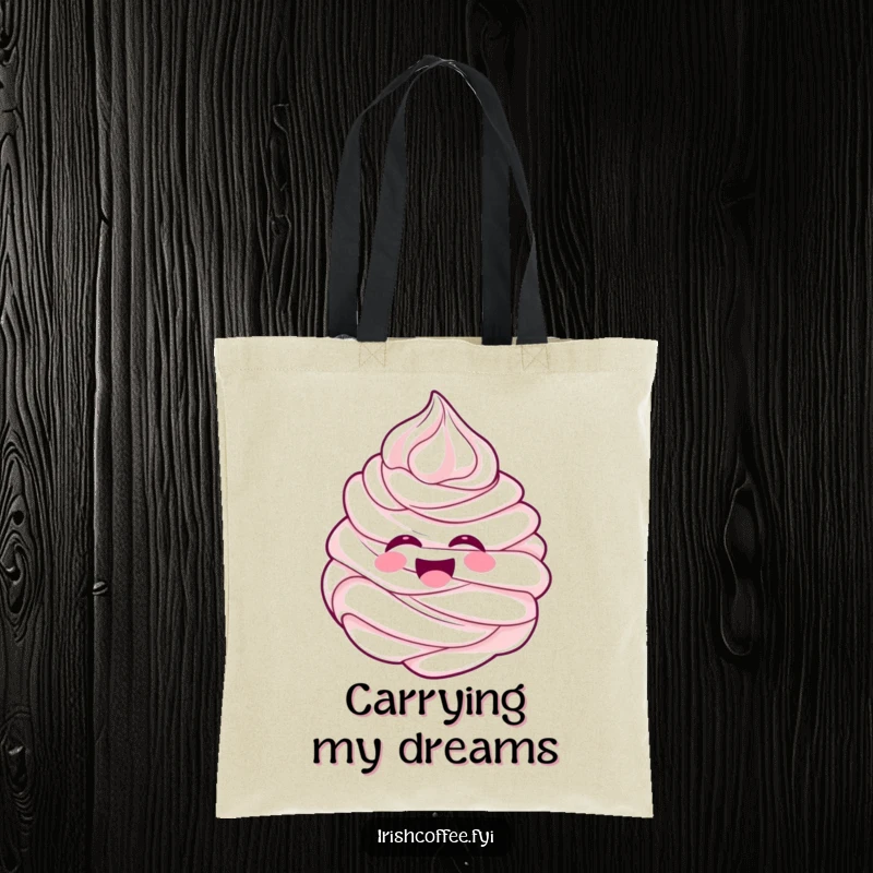 Funny cheerful whipped cream swirl laughing with delight on a tote bag, a sweet and humorous accessory.