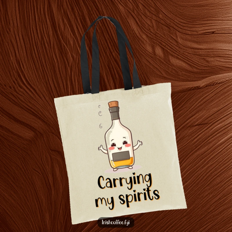 Funny tote bag illustrated with a smiling whisky bottle with steam, humorously performing a wobbly dance, perfect for carrying essentials with spirit.
