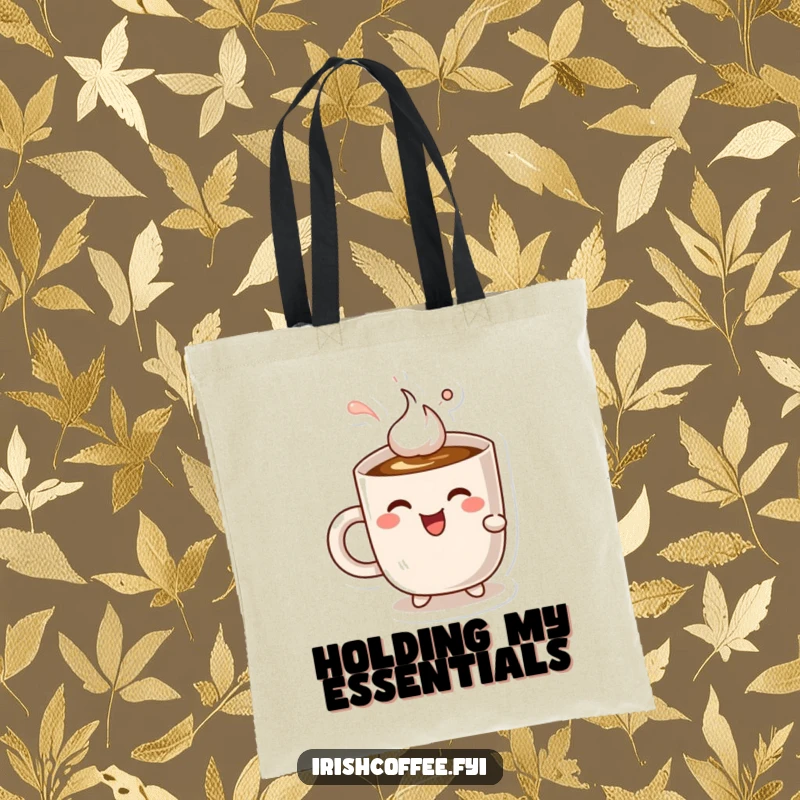 Funny cheerful coffee mug character savoring a delightful sip of coffee, durable tote bag for shopping.