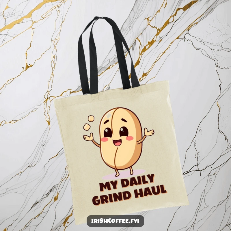 Funny tote bag with a smiling coffee bean character juggling sugar cubes, a humorous and practical bag for coffee lovers.