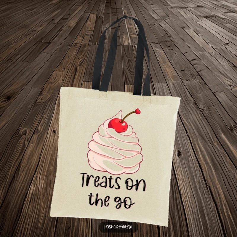 Funny tote bag illustration of a happy whipped cream dollop with a cherry mid-twirl, perfect for carrying essentials with style.